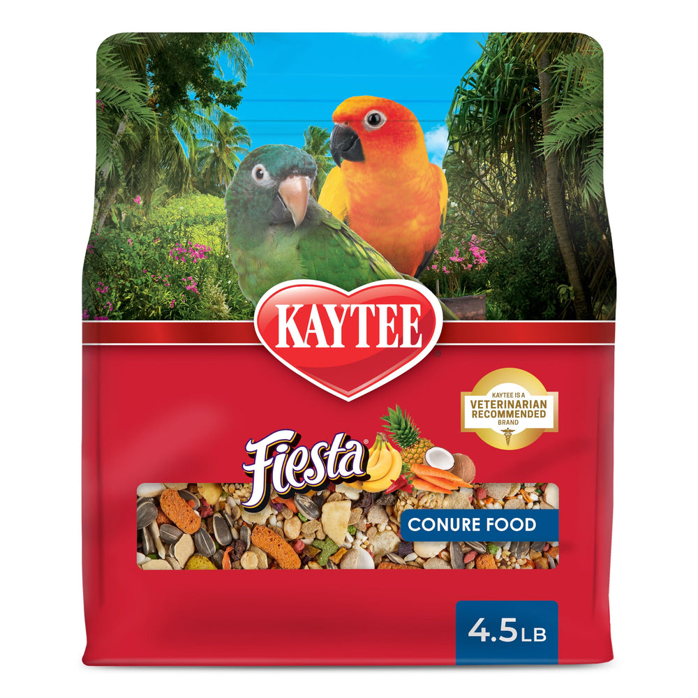 Kaytee paquete frontal mostrando mezcla colorida y práctico beneficio nutricional