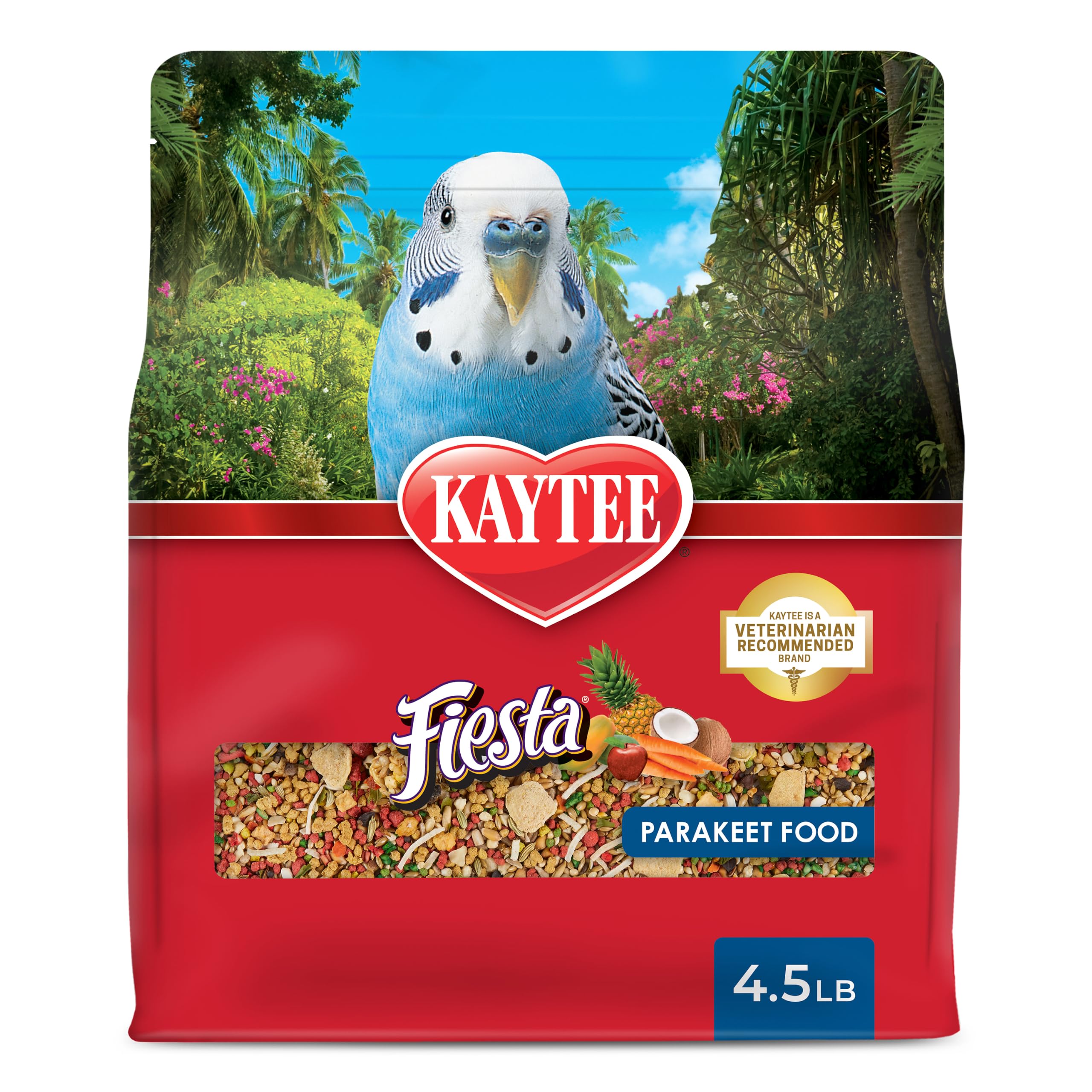 Kaytee Fiesta frente del empaque mostrando variedad, estimula curiosidad