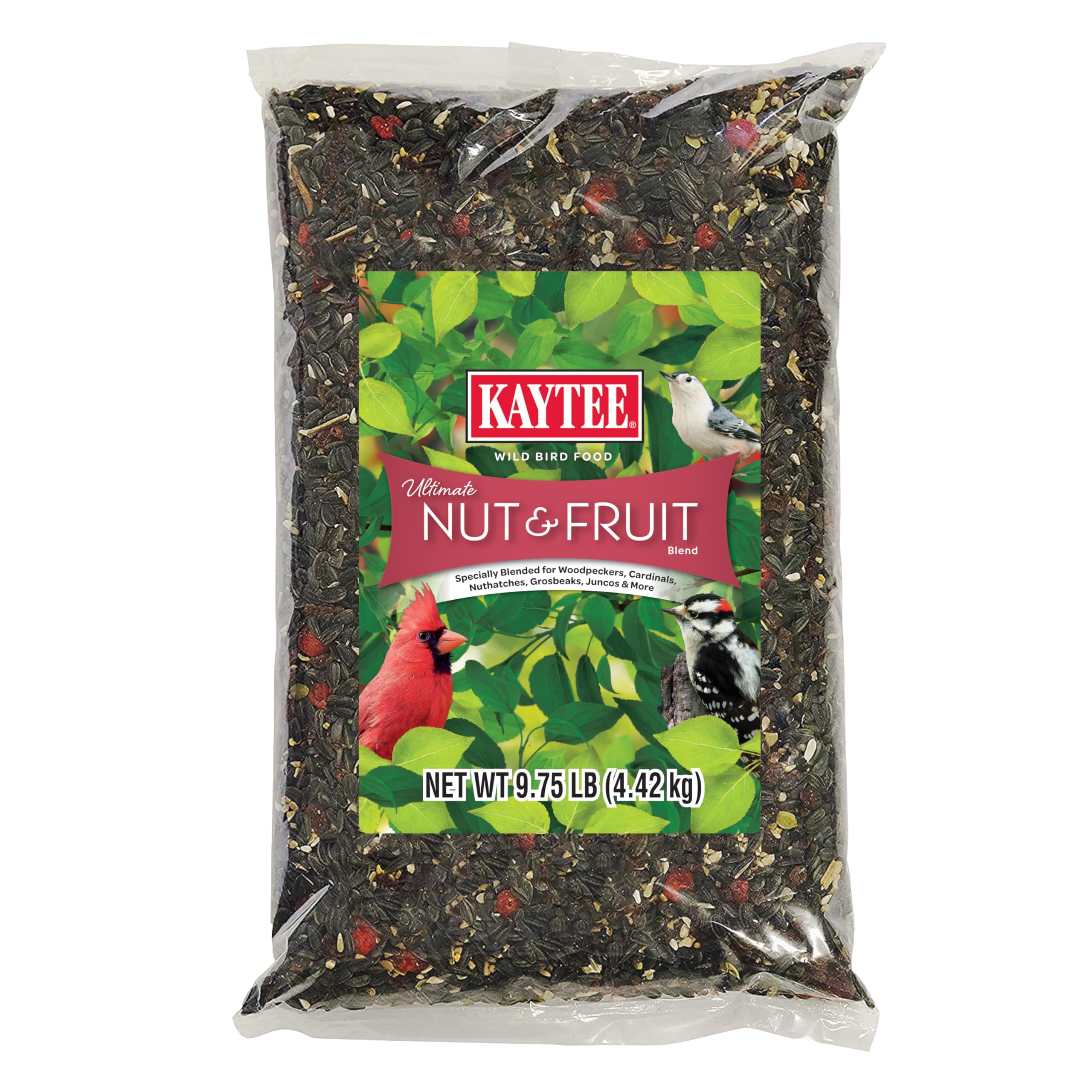 Kaytee front packaging showing 9.75 lb bag and clear product view benefits