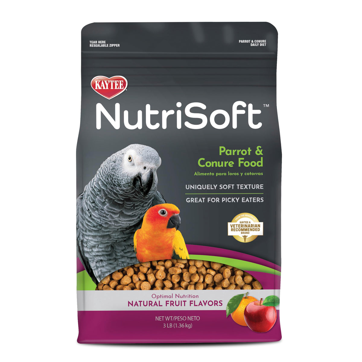 Kaytee Nutrisoft frente del empaque mostrando peso y beneficios nutricionales