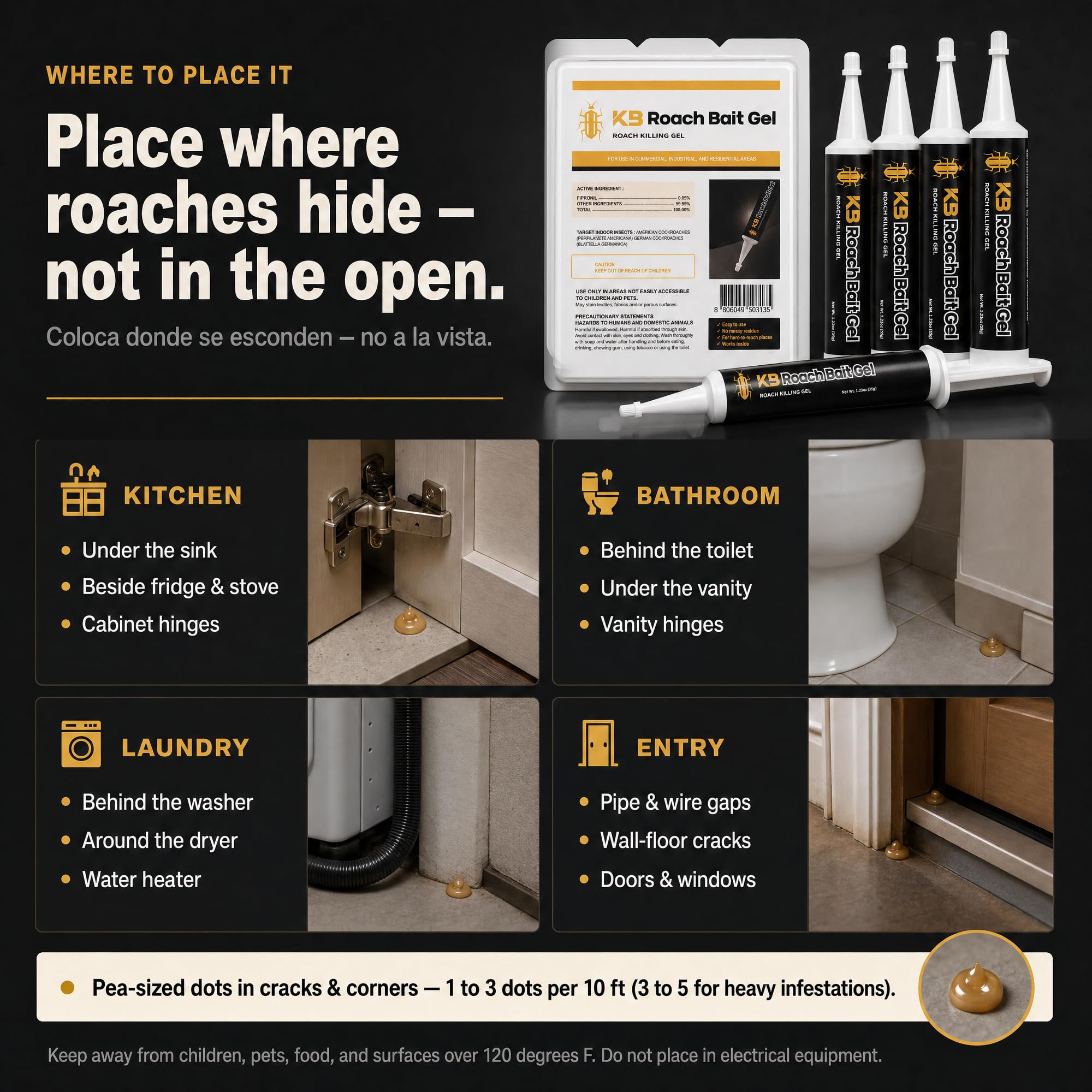 KB Roach Bait Gel placed in oven crevice illustrating professional placement