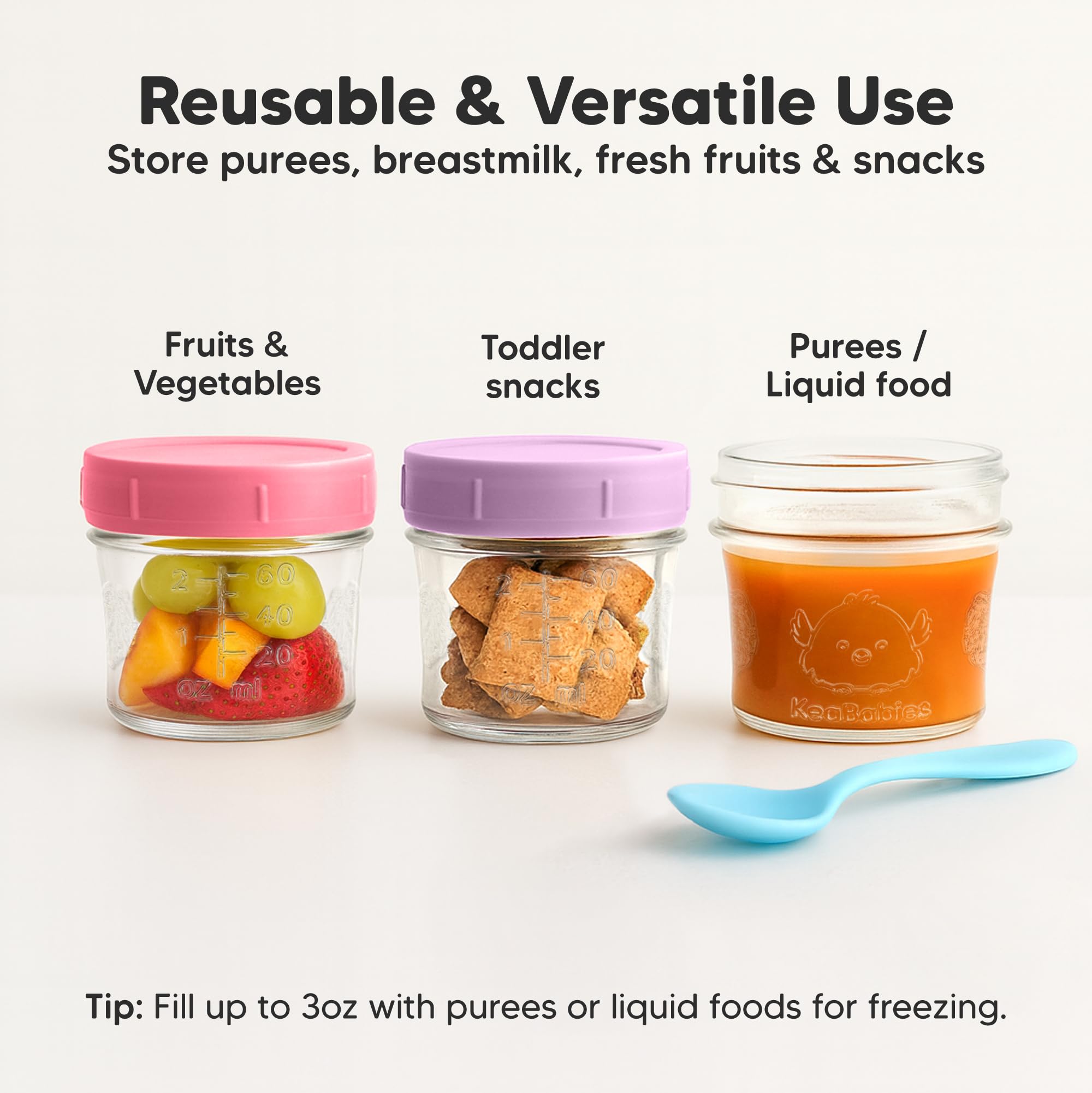 KeaBabies frasco en uso alimentando bebé con porciones prácticas