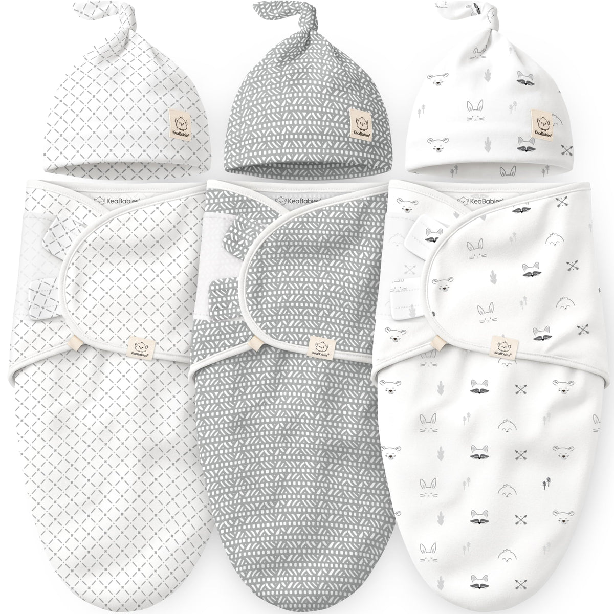 KeaBabies front packaging showing three-piece swaddle set and hat - convenient gifting