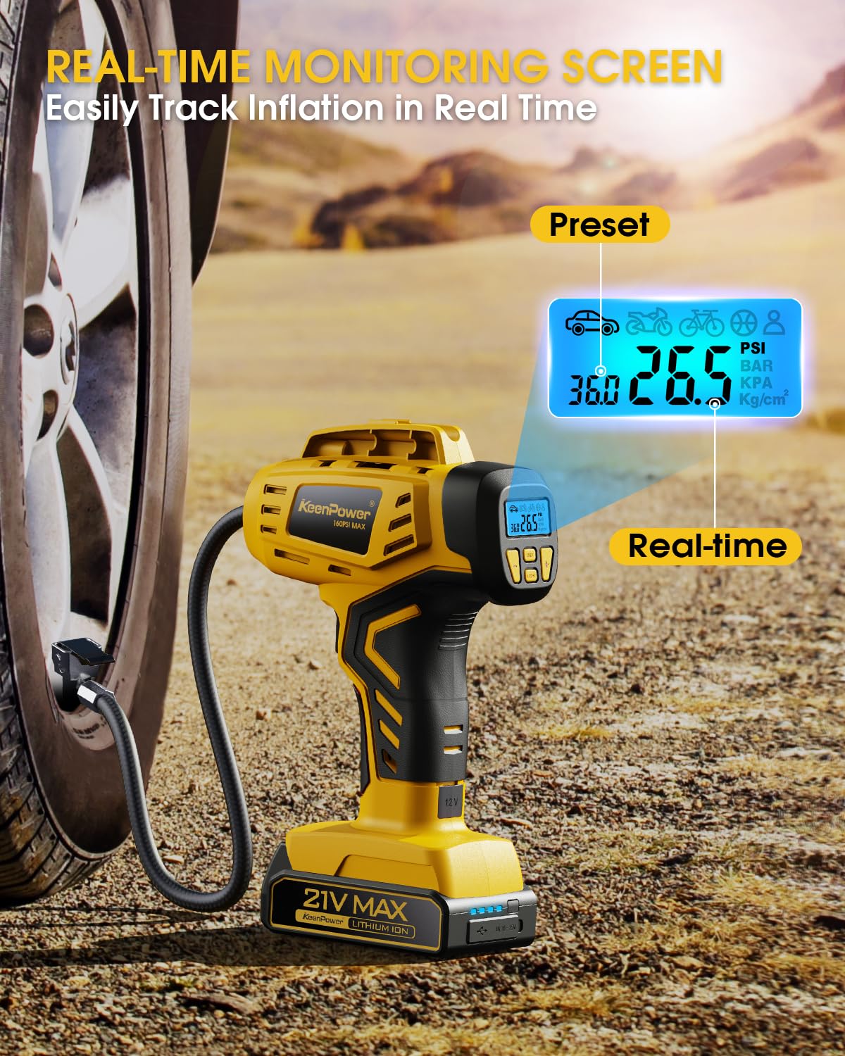 KeenPower conectado al puerto 12V del coche para inflado de emergencia