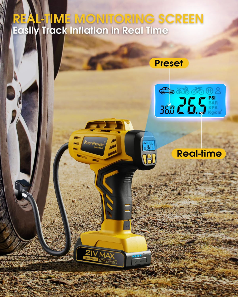 KeenPower conectado al puerto 12V del coche para inflado de emergencia