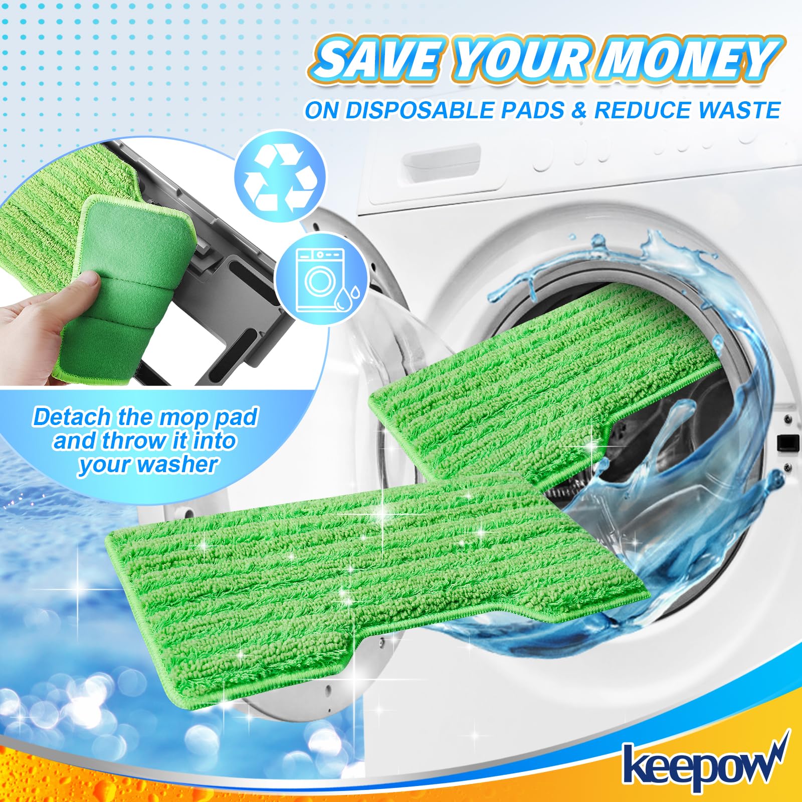 KEEPOW etiqueta que muestra materiales duraderos y lavables hasta 100 usos