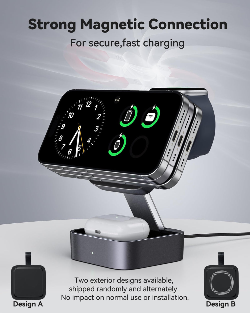 KEEPRO cargando simultáneamente iPhone, Apple Watch y AirPods demostrando conveniencia