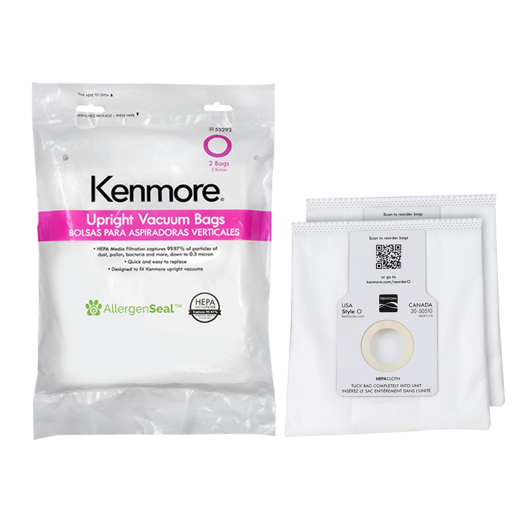 Kenmore bolsa estilo O frente del empaque mostrando seis unidades y comodidad