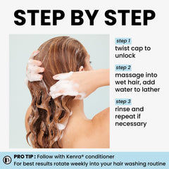 Kenra Clarify aplicado en cabello en la ducha para eliminar residuos y minerales