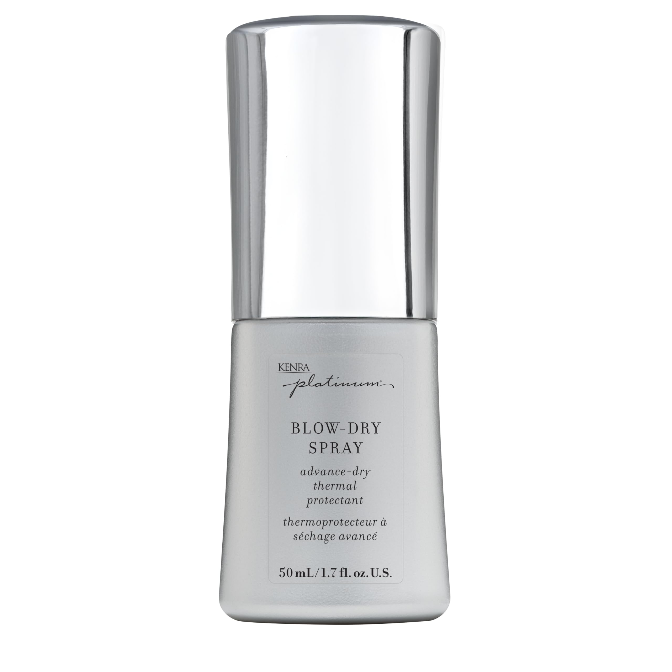Kenra envase frontal Platinum Blow-Dry Spray muestra diseño y tamaño práctico