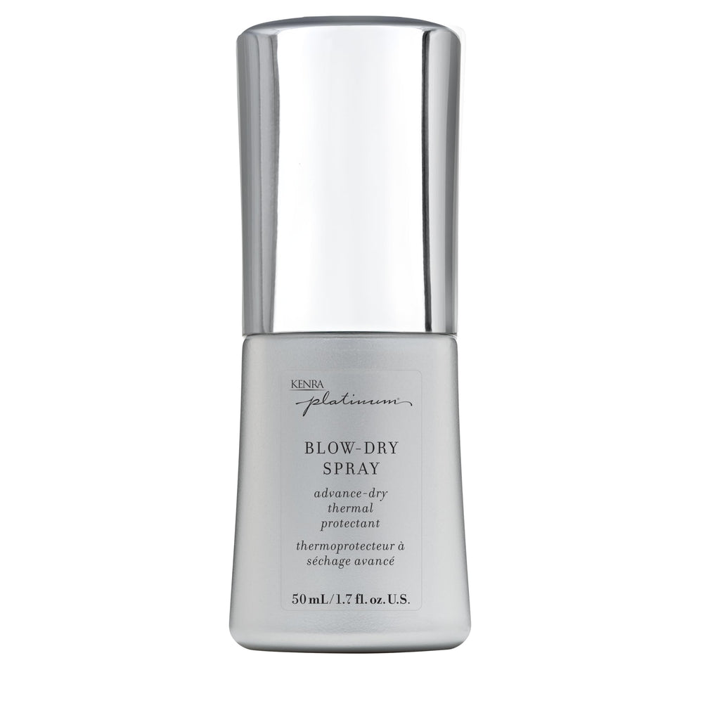 Kenra envase frontal Platinum Blow-Dry Spray muestra diseño y tamaño práctico