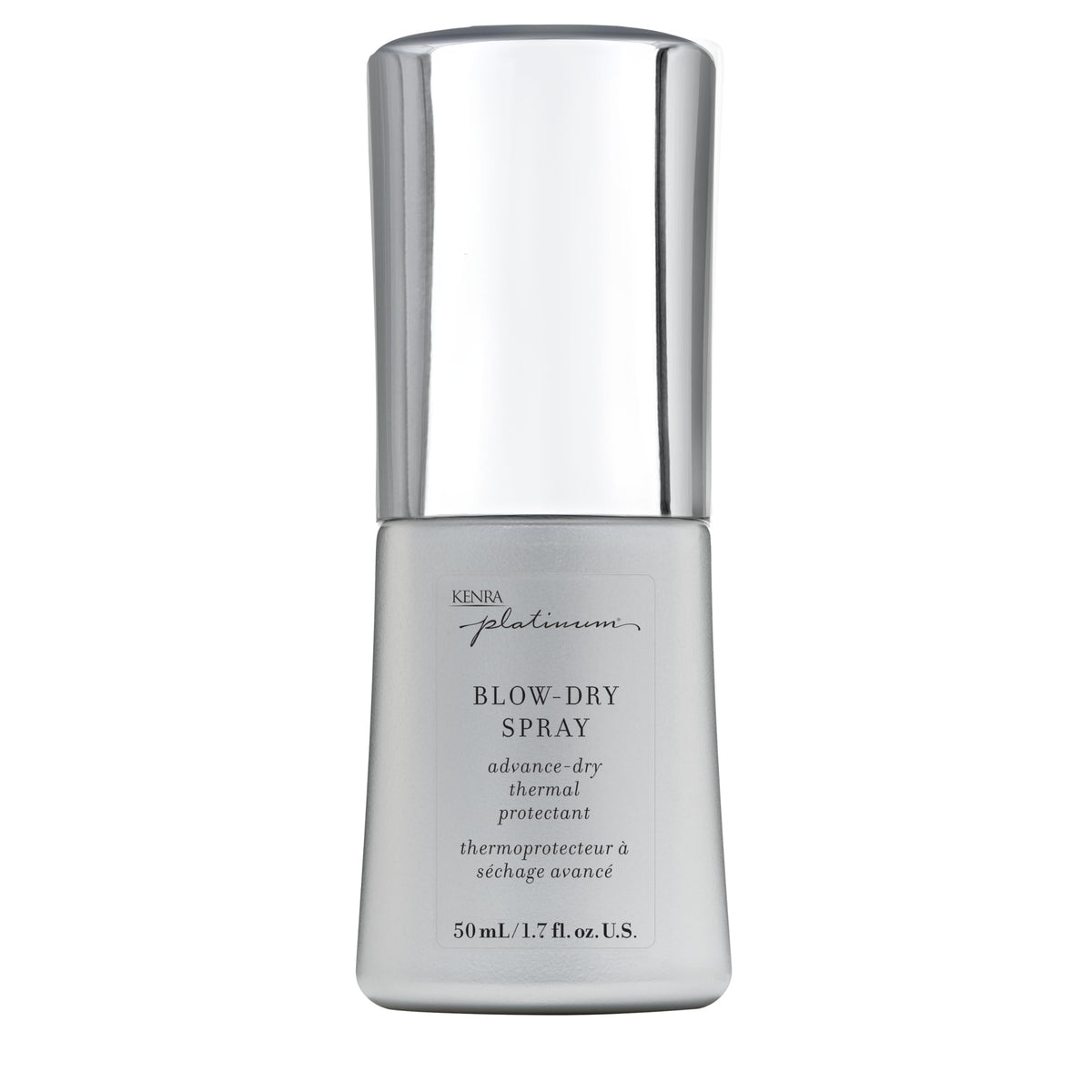Kenra envase frontal Platinum Blow-Dry Spray muestra diseño y tamaño práctico