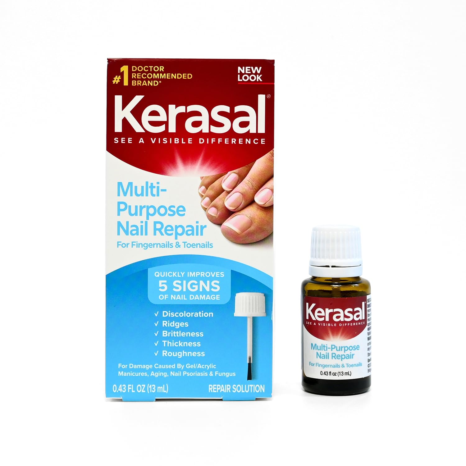 Kerasal envase frontal con brocha mostrando aplicación precisa y ahorro