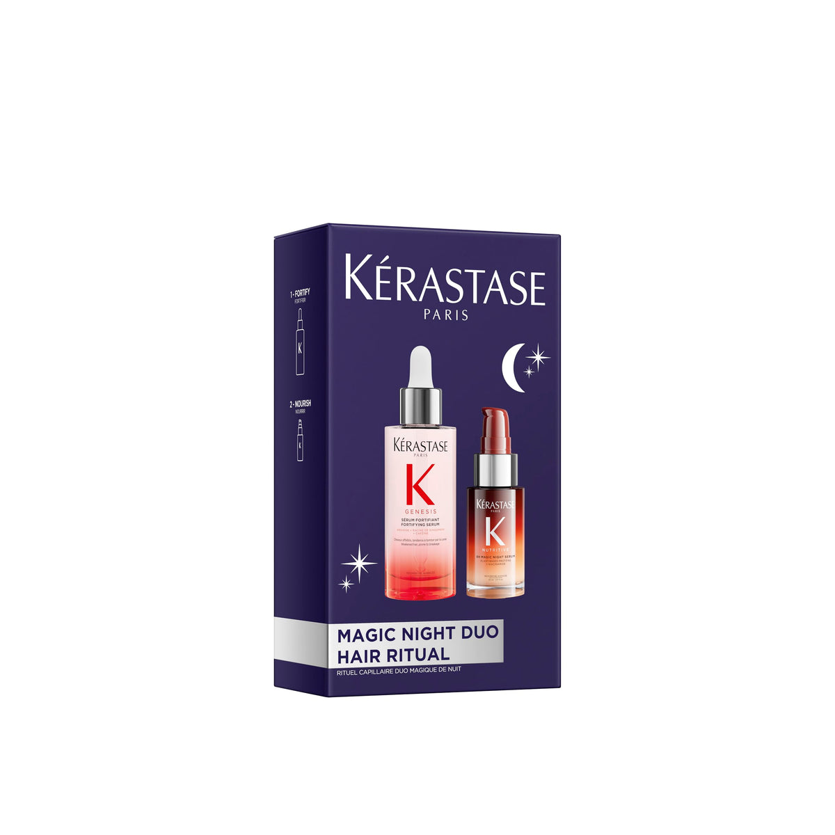 KÉRASTASE estuche Magic Night mostrando ambos sérums y beneficio fortalecedor