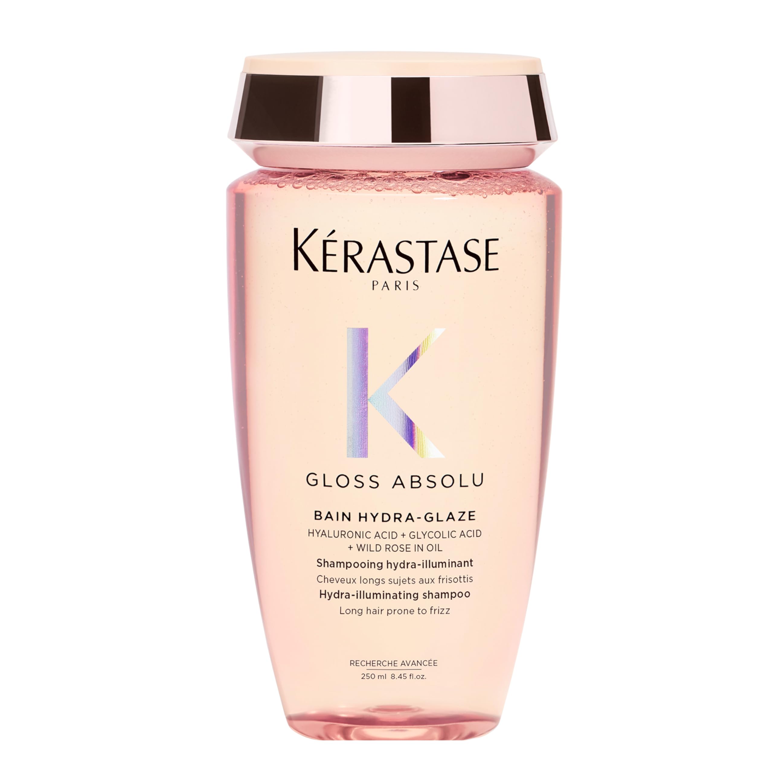 KÉRASTASE botella frontal mostrando diseño y beneficios de brillo