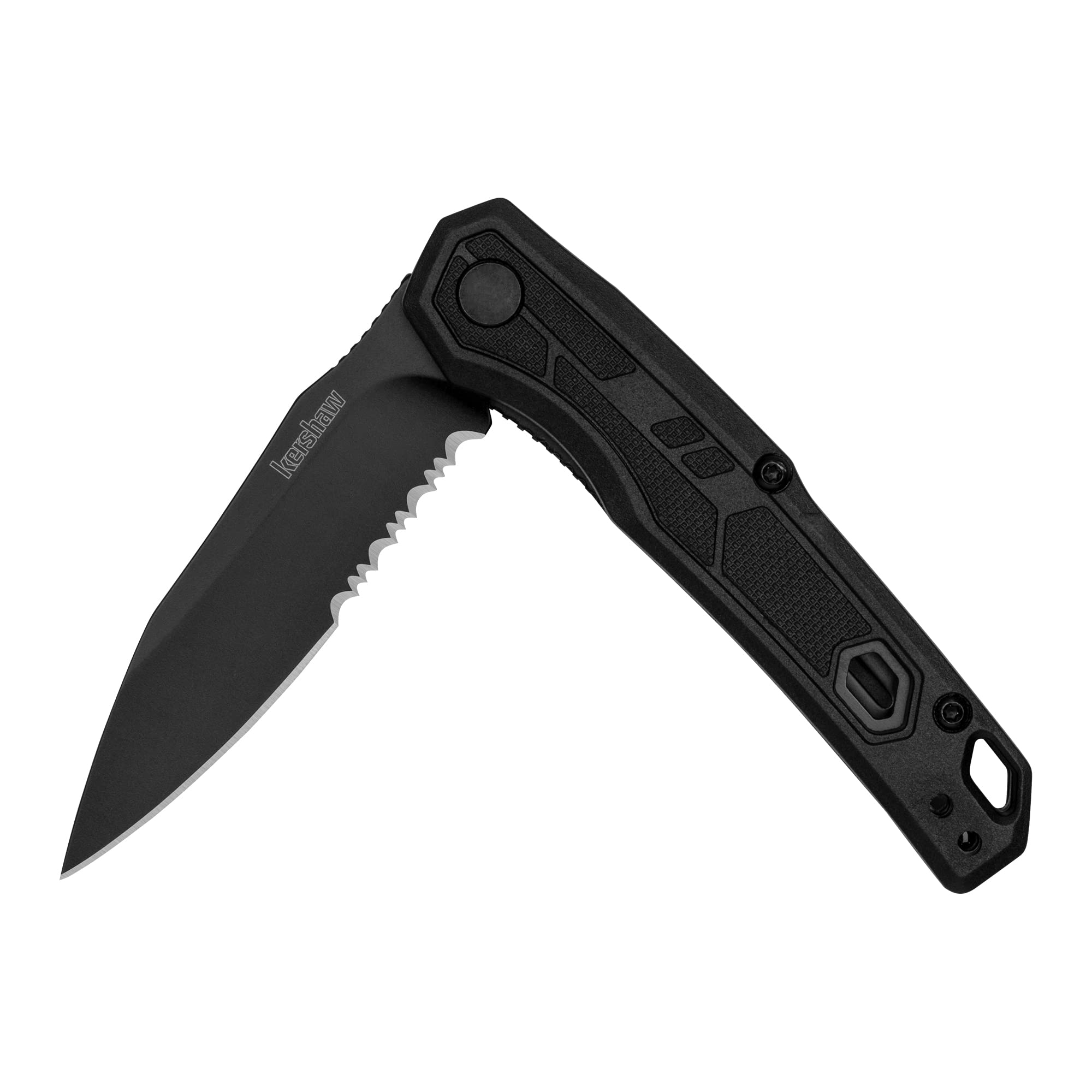 Kershaw Appa vista frontal mostrando perfil y acabado negro, fácil transporte