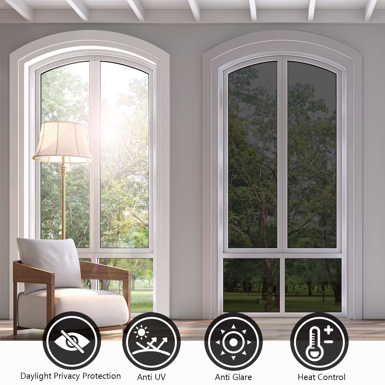 KESPEN WINDOW FILMS etiqueta con medidas 35.4in x 6.5ft, ajuste fácil y claro