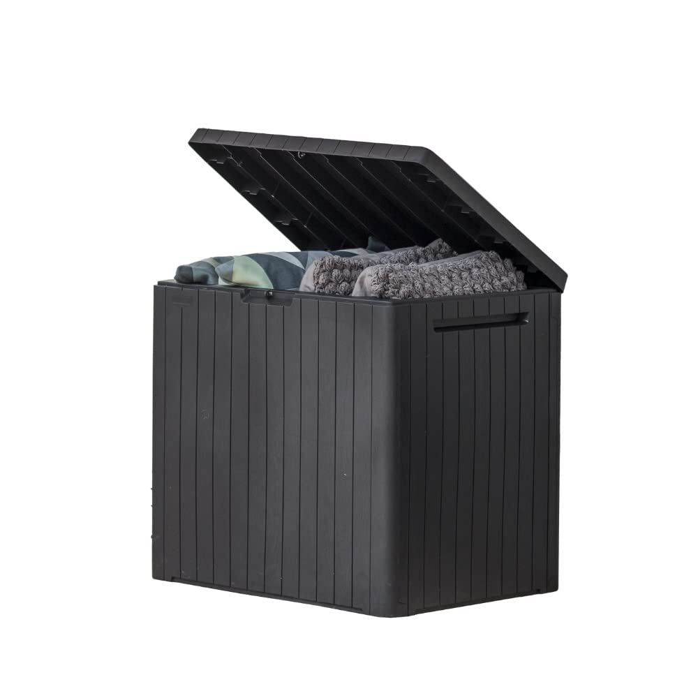 Keter caja City 30 Gal vista frontal con tapa, solución de almacenamiento compacta