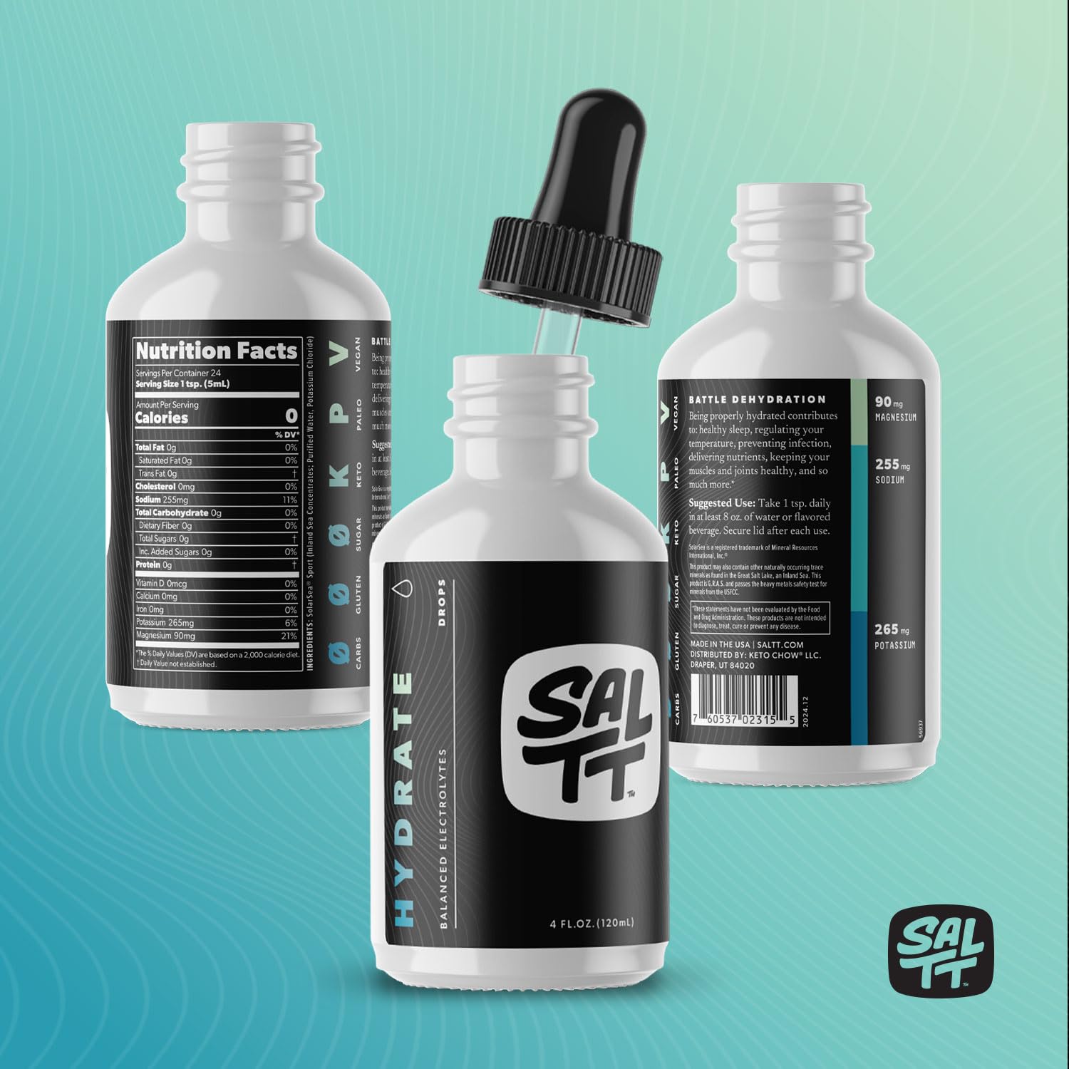 Keto Chow bote SALTT Hydrate en encimera de cocina, sugiere integración diaria en la rutina