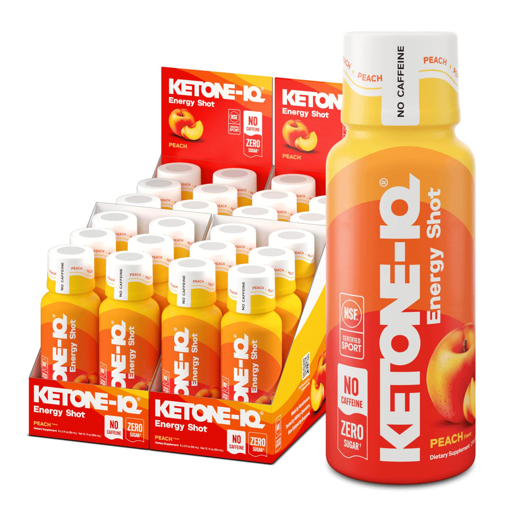 Ketone-IQ frente del empaque durazno mostrando 24 unidades y conveniencia
