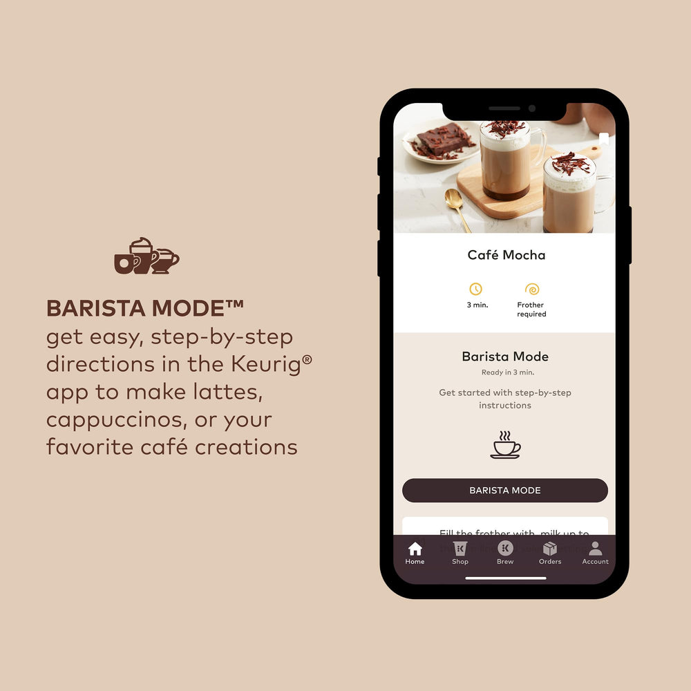 Keurig app on smartphone and K-Café SMART showing BrewID recommendations and remote brew control