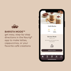 Keurig app on smartphone and K-Café SMART showing BrewID recommendations and remote brew control