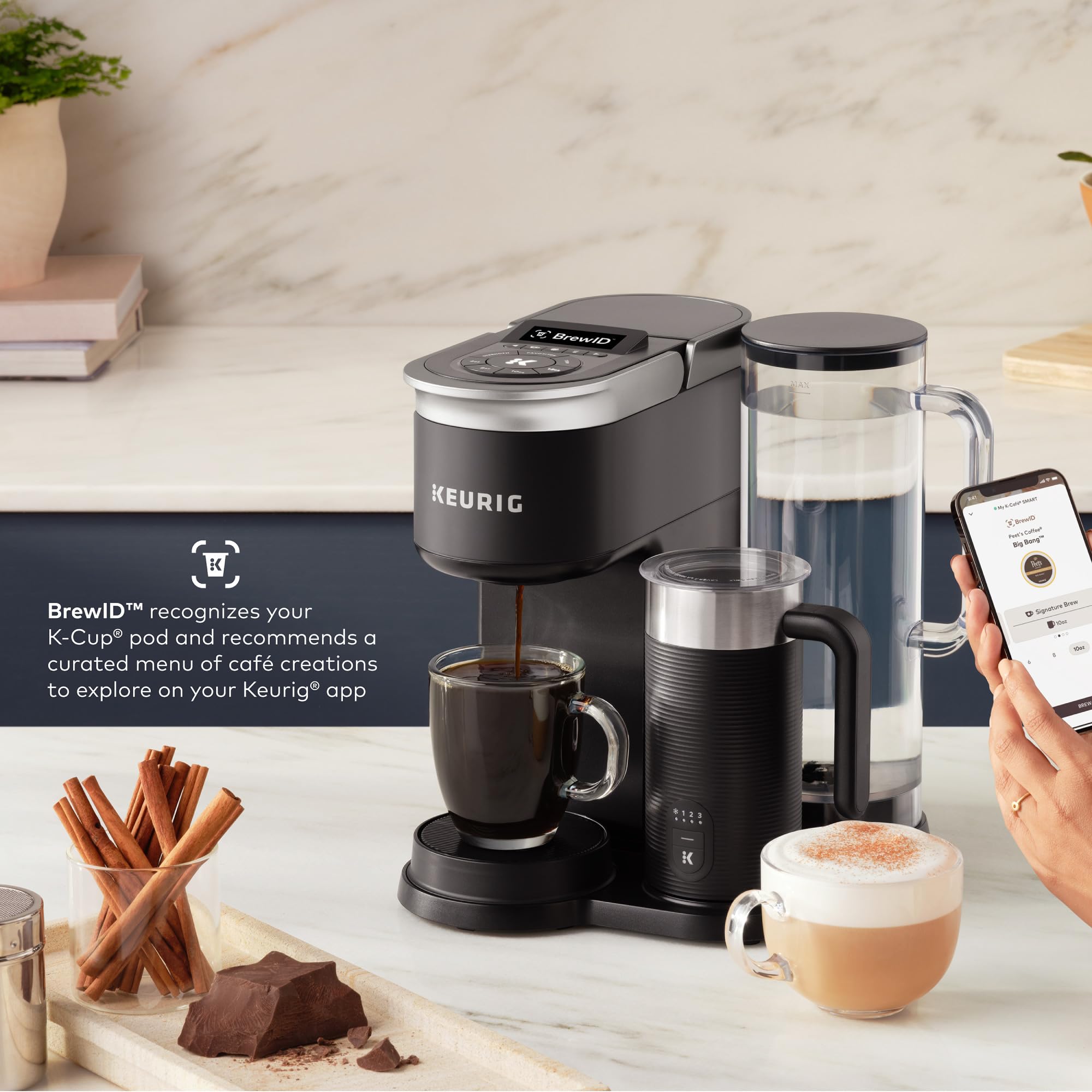 Keurig K-Café SMART control panel and display highlighting customizable strength and temperature settings