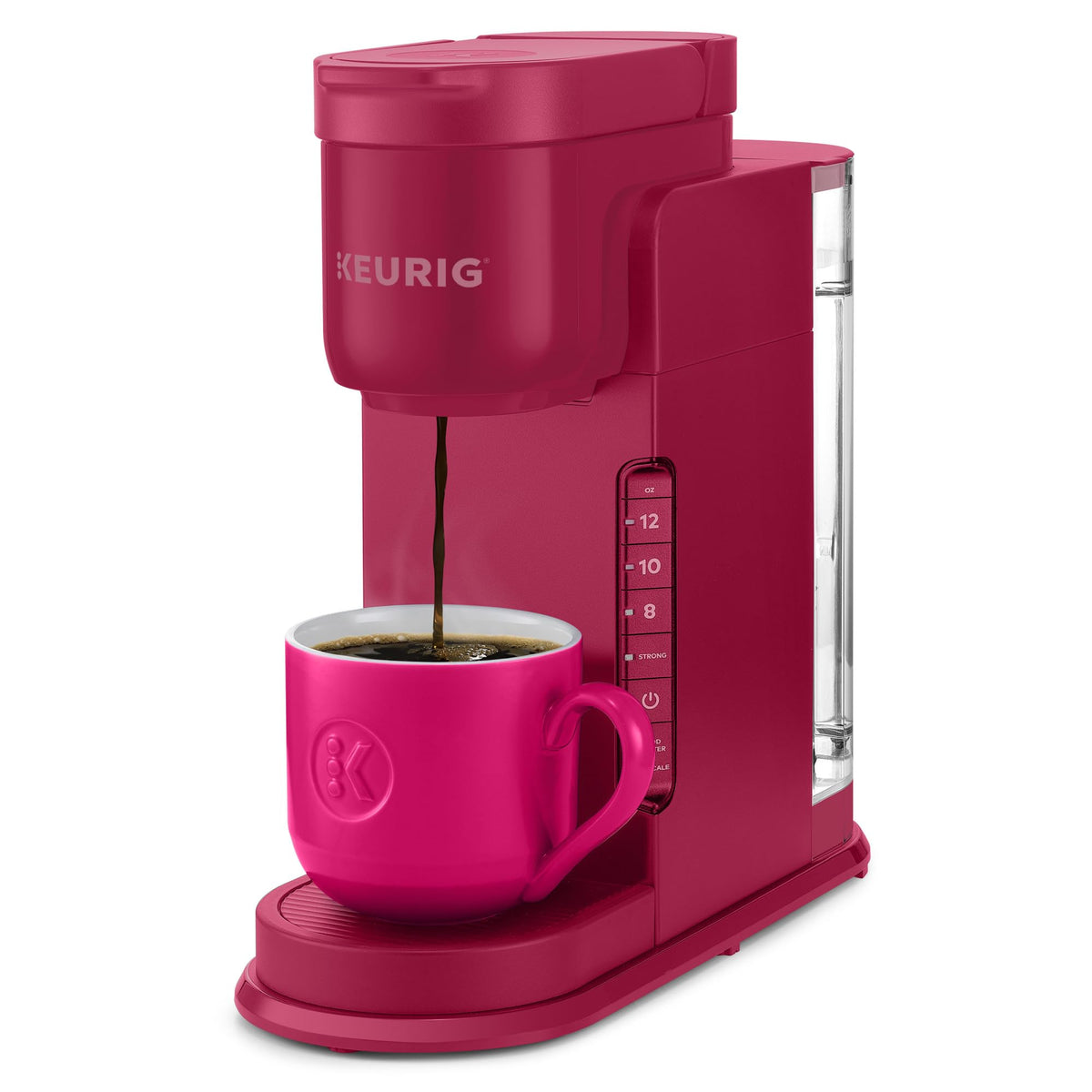Keurig K-Express frontal en Island Berry con diseño compacto y botón STRONG