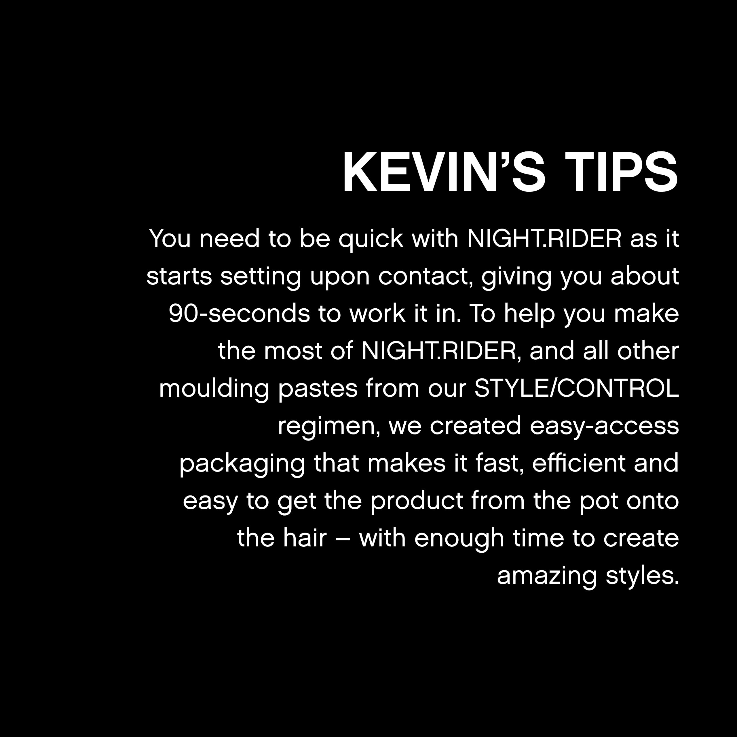 KEVIN.MURPHY etiqueta trasera NIGHT.RIDER mostrando instrucciones y claims