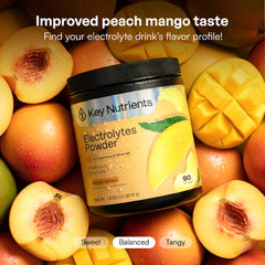 KEY NUTRIENTS vaso con bebida Peach Mango listo para beber, hidratación sin azúcar