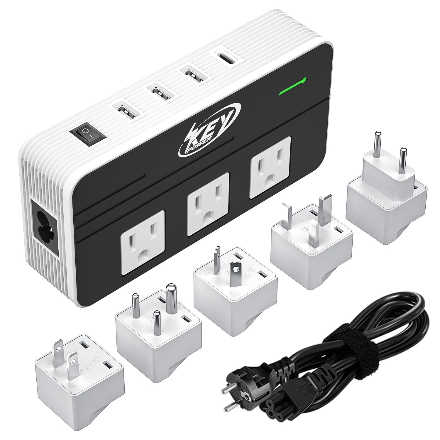 Key Power vista frontal del convertidor mostrando todas las tomas y puertos para viajar con seguridad