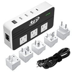 Key Power vista frontal del convertidor mostrando todas las tomas y puertos para viajar con seguridad