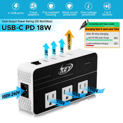Key Power primer plano de los cuatro puertos USB incluido USB-C PD 18W para carga rápida
