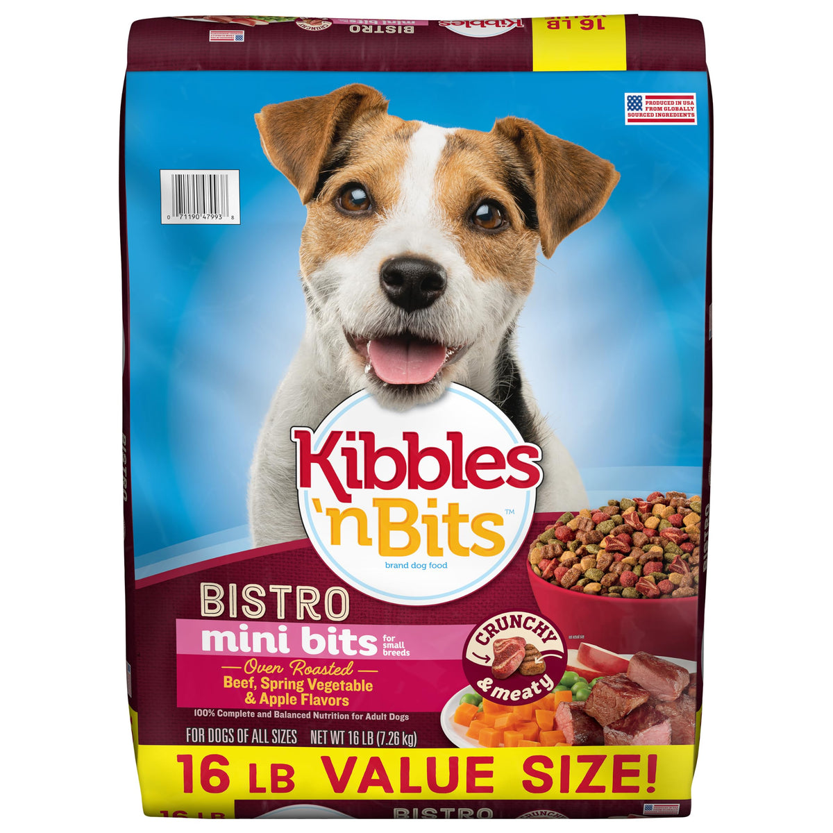 Kibbles 'n Bits vista frontal bolsa 16 lb con diseño y beneficio de suministro prolongado