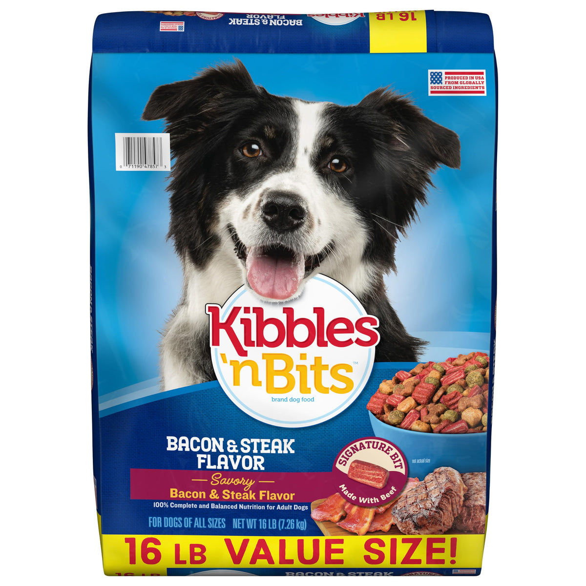 Kibbles 'n Bits frente de la bolsa mostrando sabor y tamaño práctico