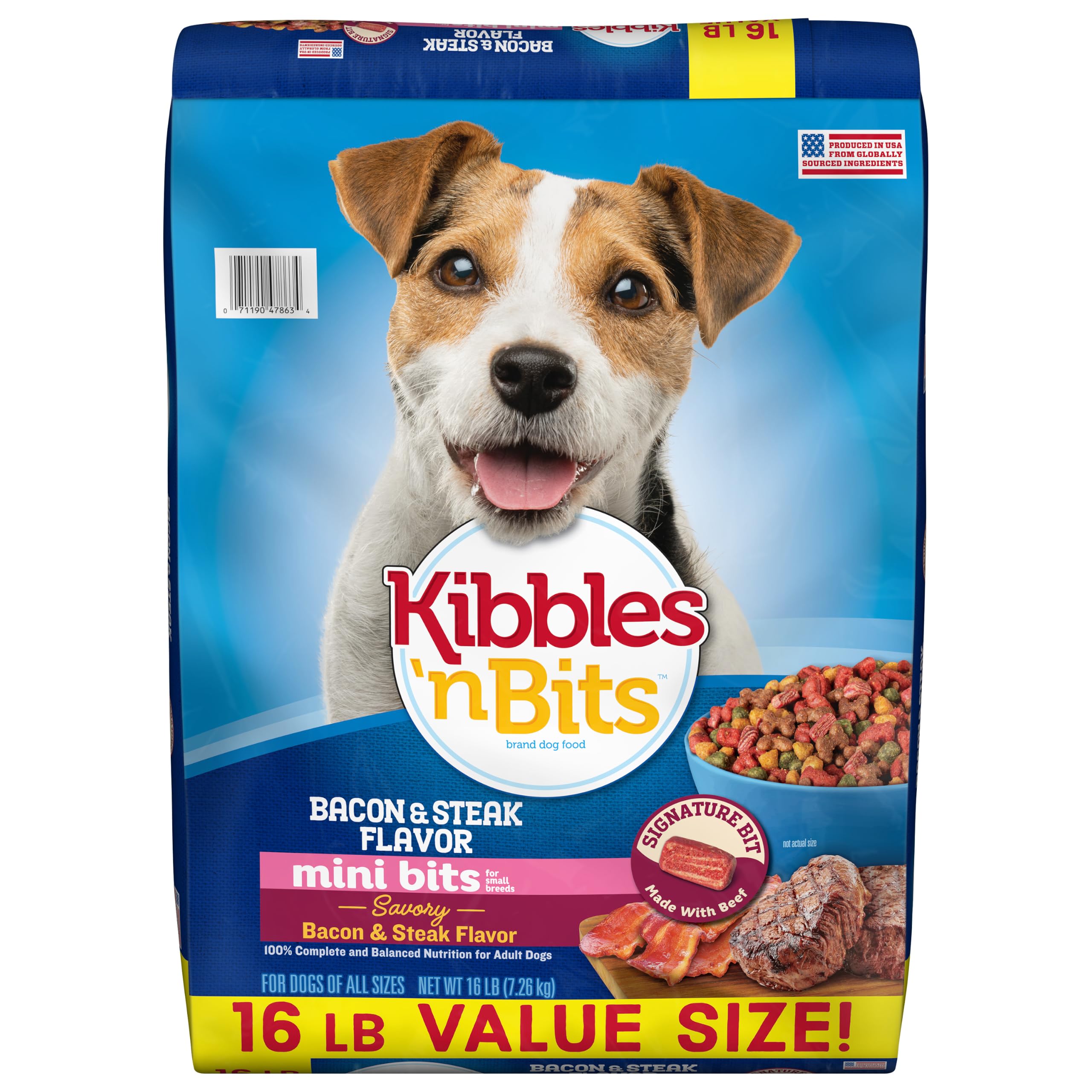 Kibbles 'n Bits frontal del saco 16 lb mostrando el sabor y ventaja de porciones