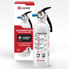 Kidde extintor Auto 5 vista frontal con correa de montaje, listo para uso