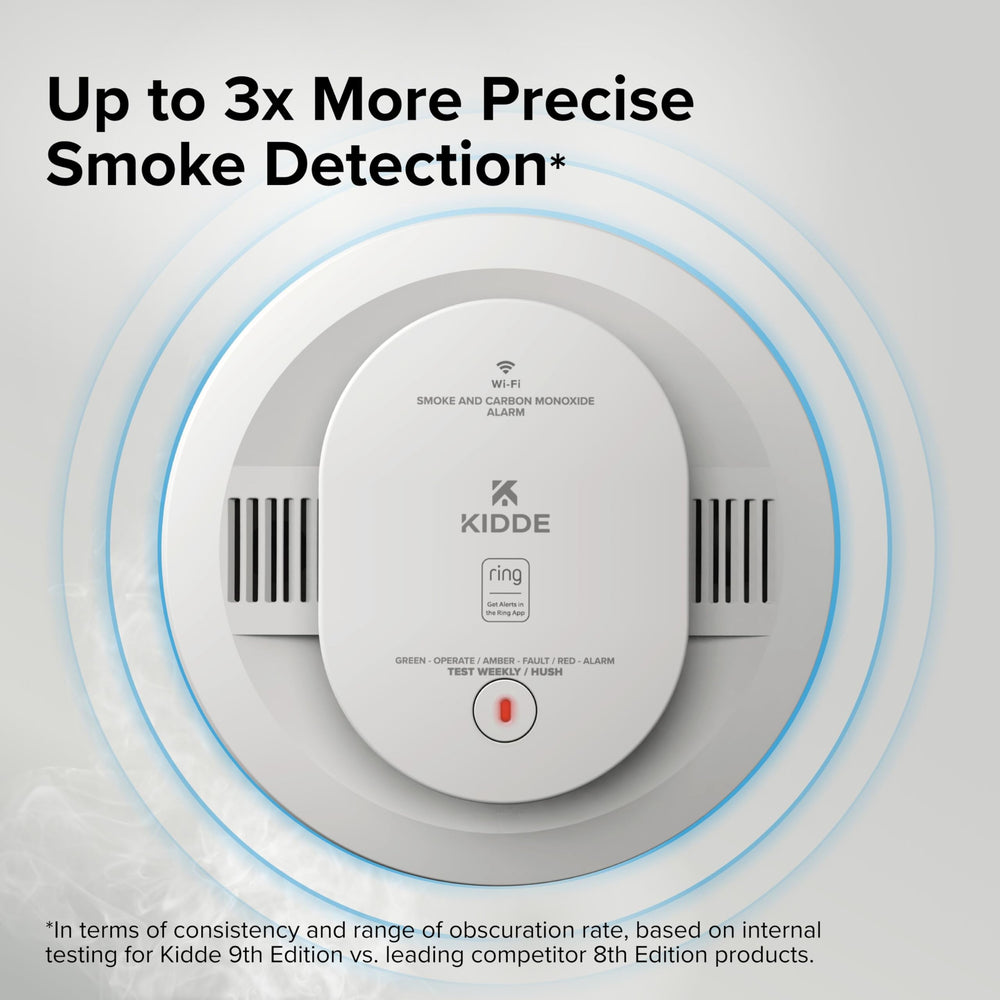 Kidde detector junto a objetos para comparar tamaño, ajuste sencillo