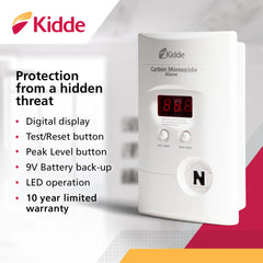 Kidde pantalla digital mostrando ppm de CO para lectura rápida y clara