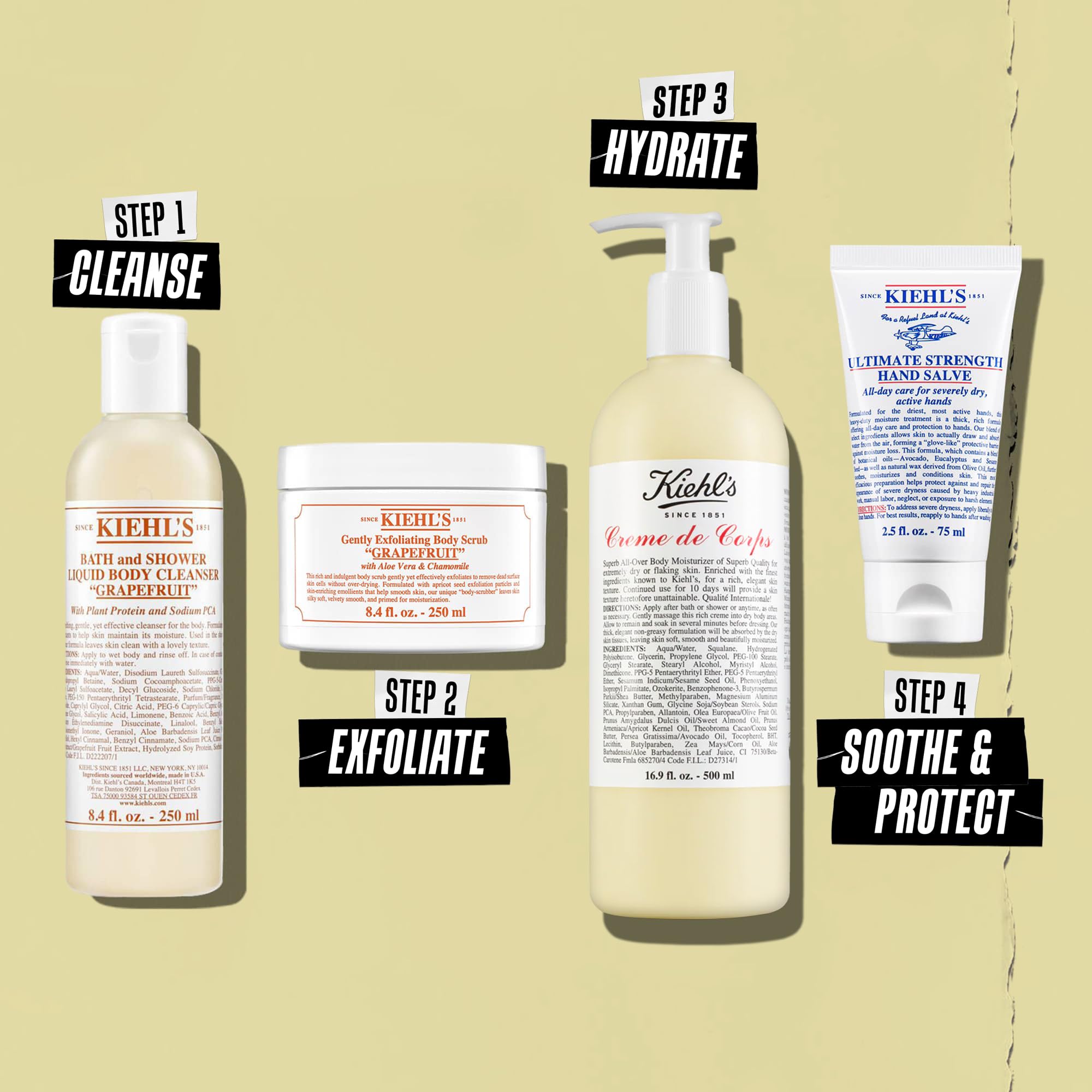 Kiehl's ambiente de baño con producto para uso diario y sensación reconfortante