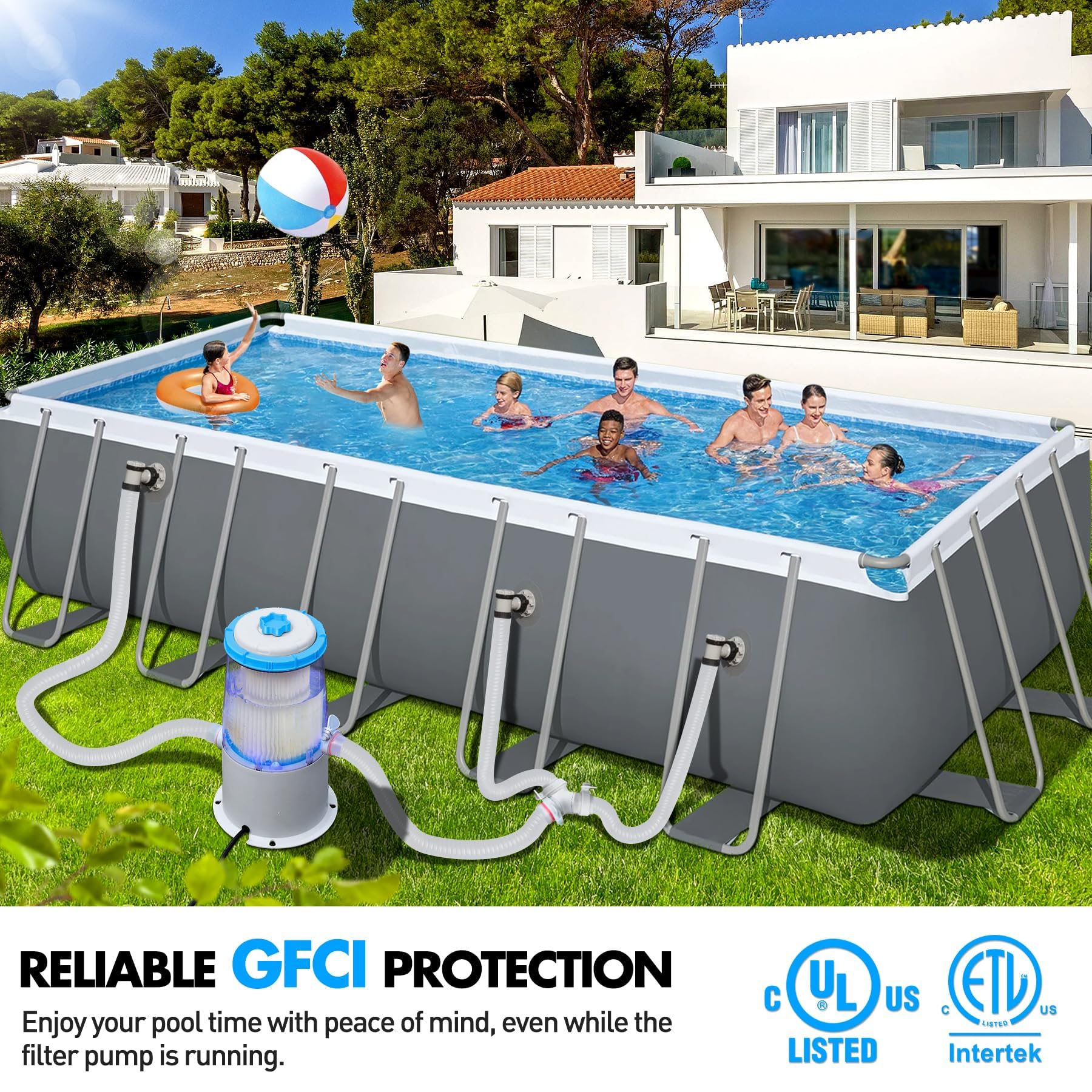 KimPump instalada en piscina elevada filtrando agua clara y en movimiento