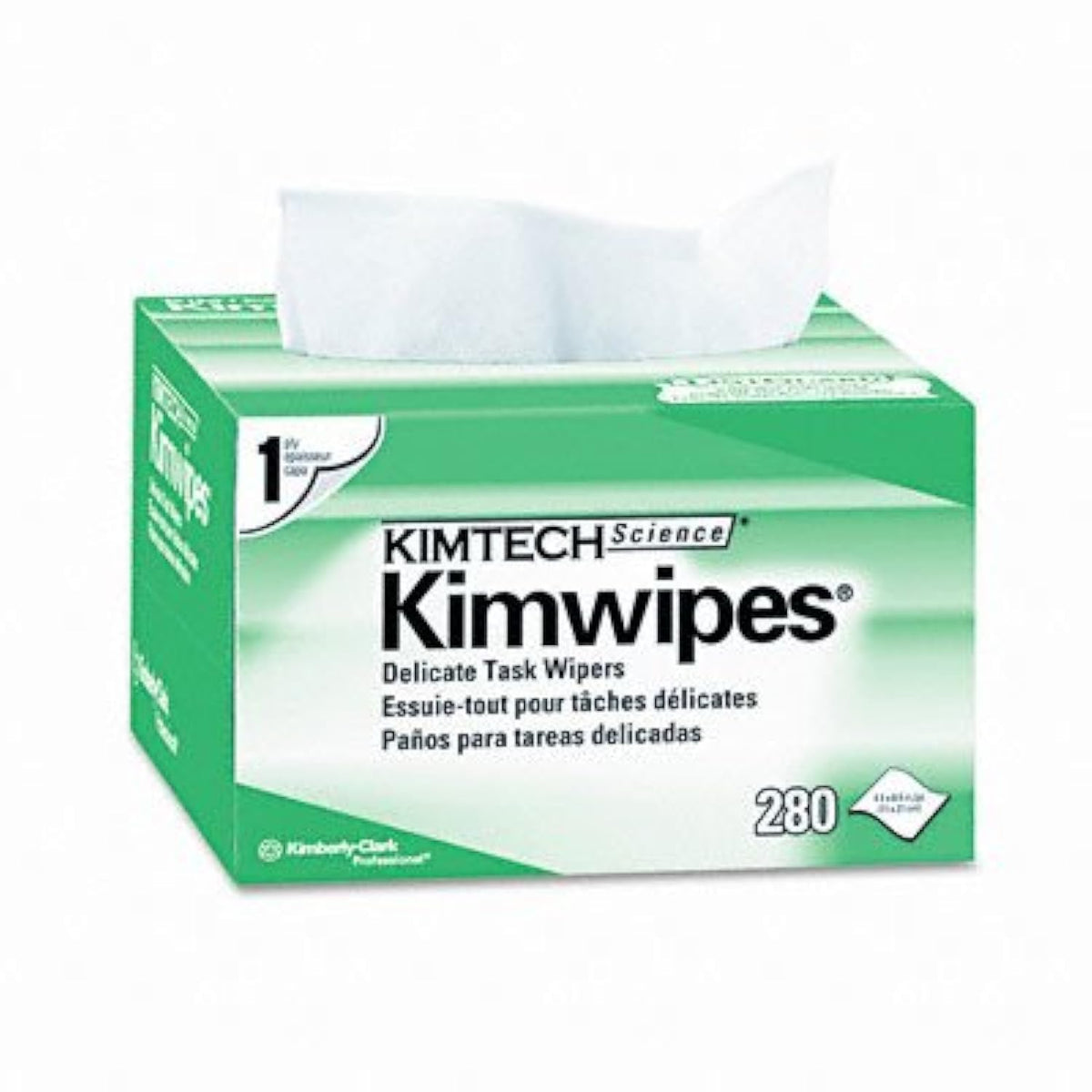 Kimberly-Clark caja frontal de Kimwipes mostrando el empaque y fácil acceso