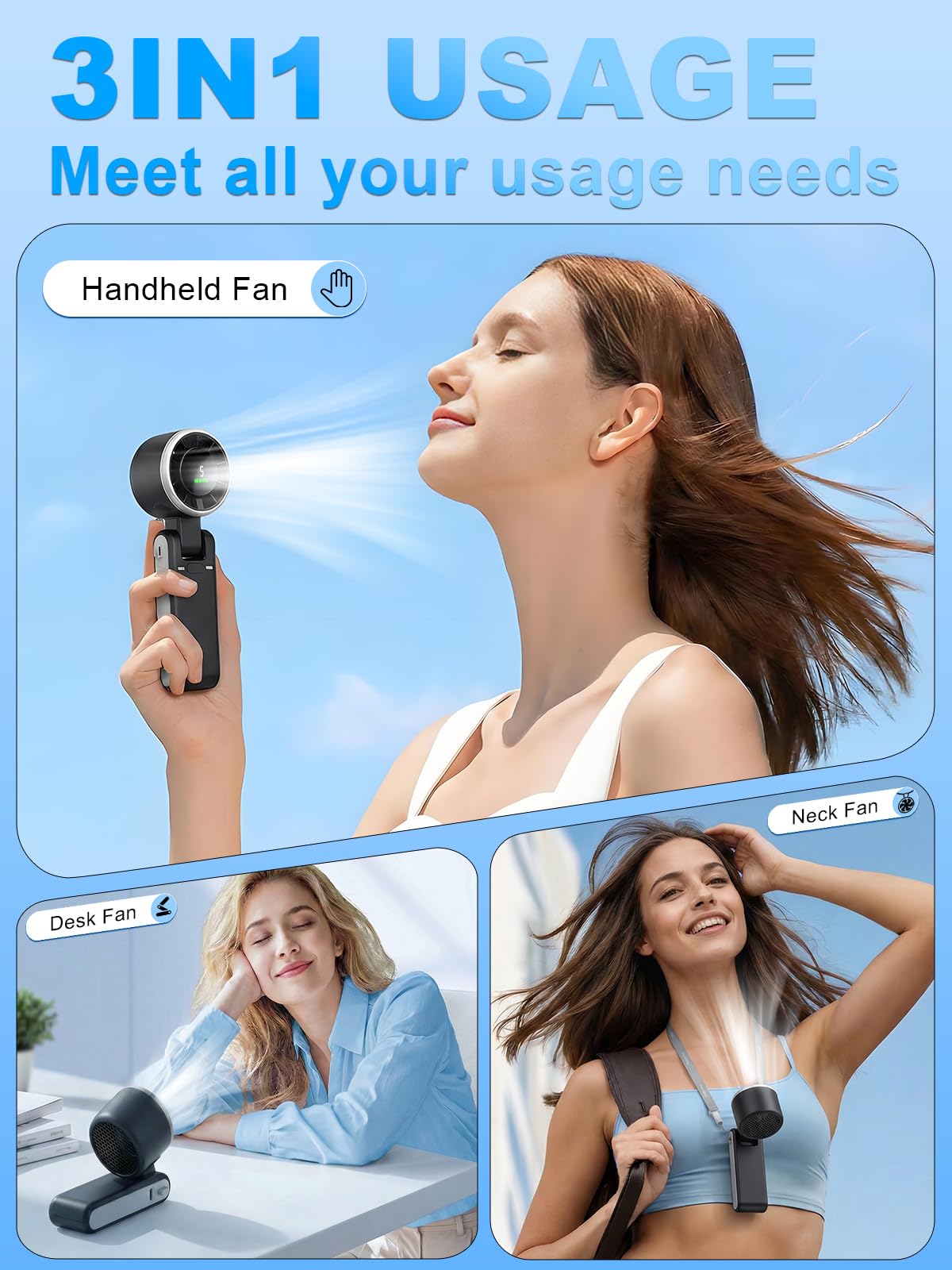 KIMWIND ventilador en mano ilustrando peso ligero y movilidad
