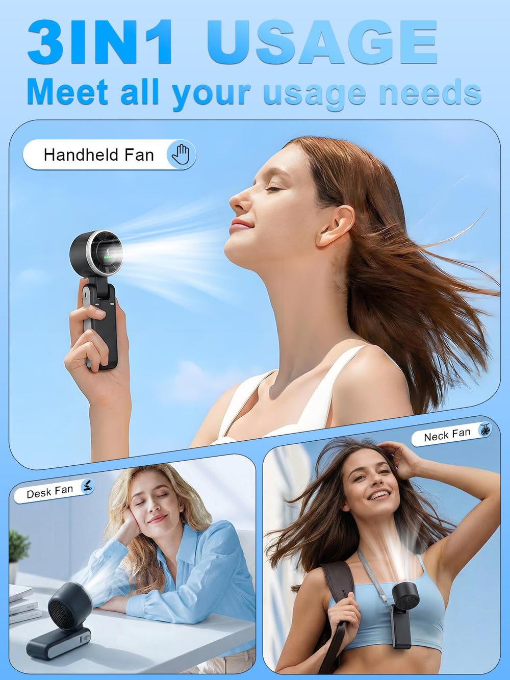 KIMWIND ventilador en mano ilustrando peso ligero y movilidad