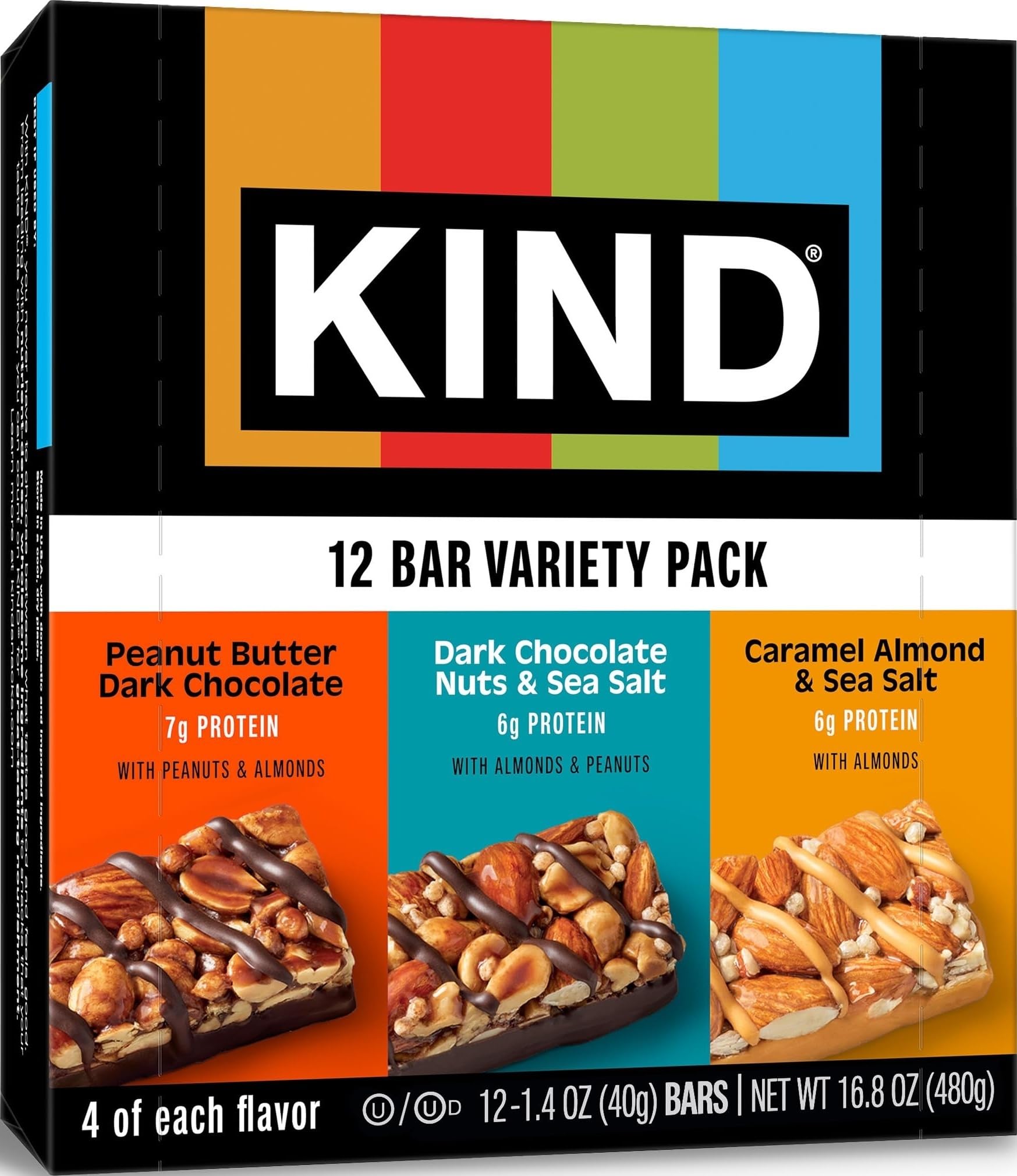 KIND pack variedad frontal mostrando tres sabores y envoltorios prácticos