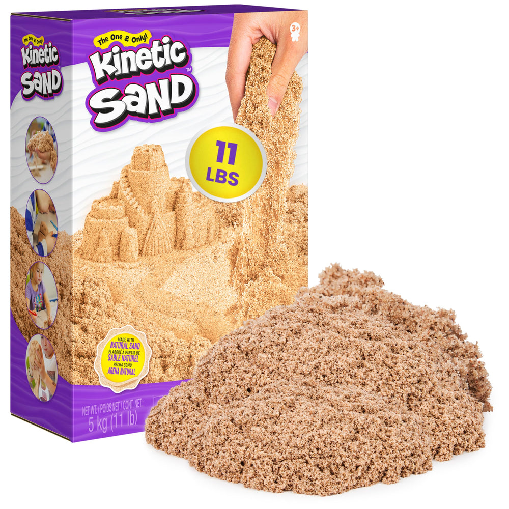 Kinetic Sand empaque frontal mostrando 5kg de arena marrón y uso prolongado