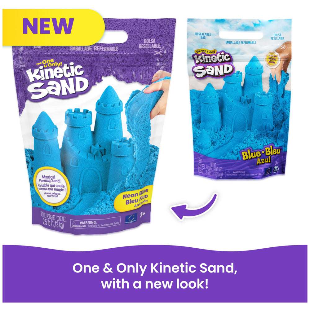 Kinetic Sand etiqueta y composición visible que indica contenido y uso