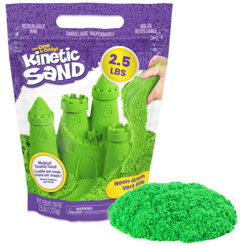 Kinetic Sand vista del frente del empaque verde mostrando la bolsa resellable y ventaja de conservación