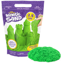 Kinetic Sand vista del frente del empaque verde mostrando la bolsa resellable y ventaja de conservación