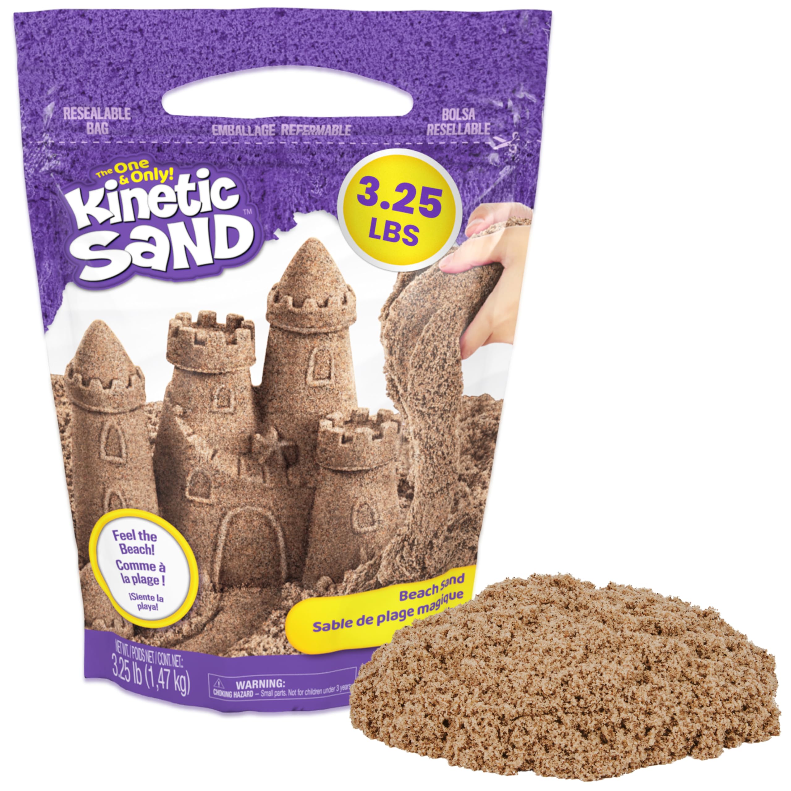 Kinetic Sand frente del empaque mostrando bolsa resellable y cantidad